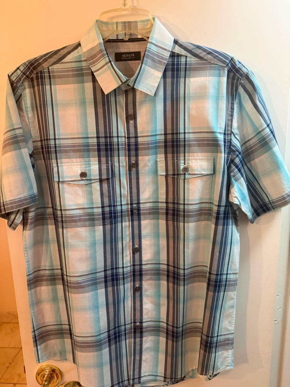 Alfani Men’s Blue and White Plaid Short-Sleeve Button-Down Shirt